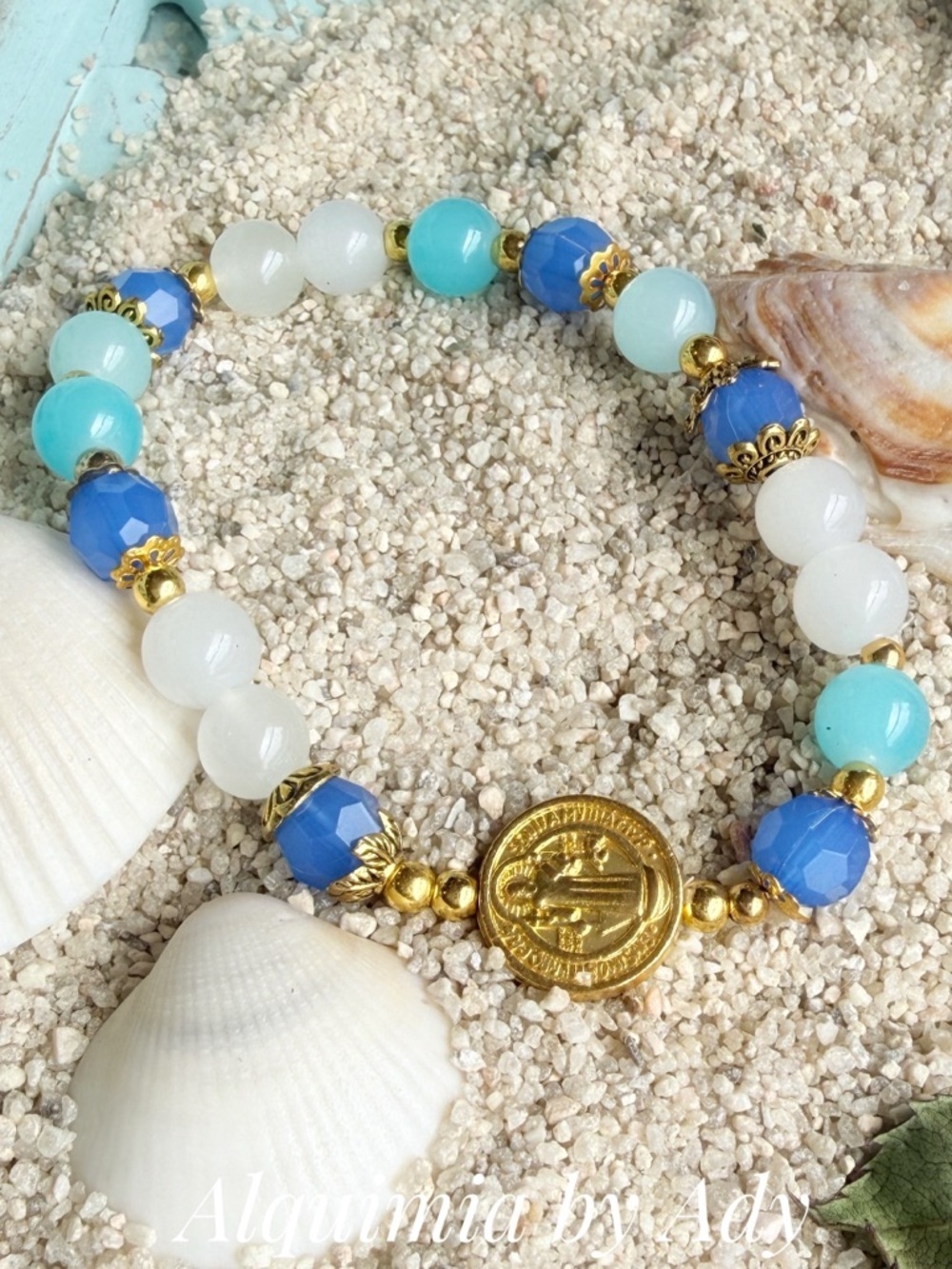 Blue, Aqua & White JADE Beaded Stretch Bracelet with Gold Coin